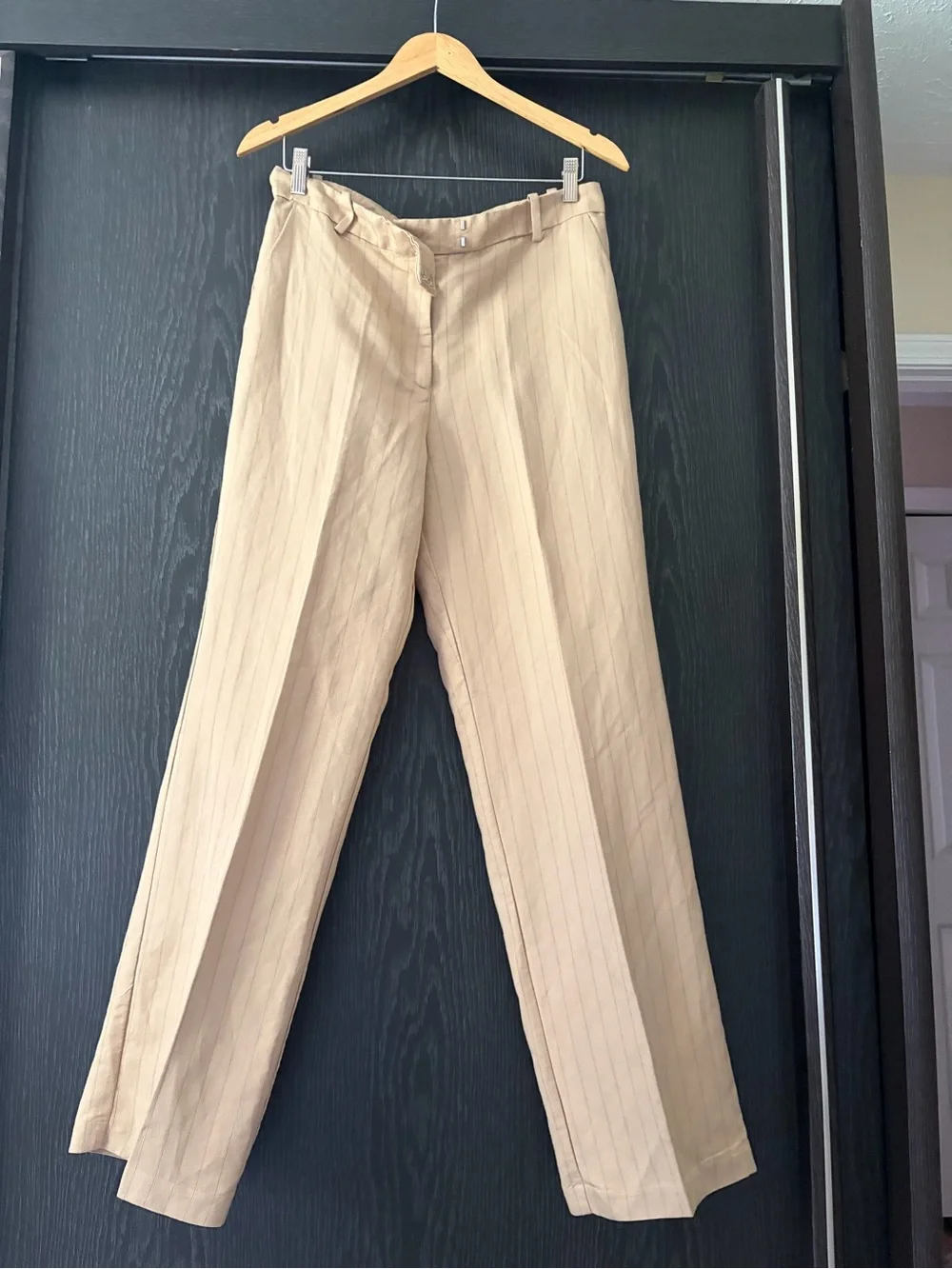 H&M Beige Pinstripe LINEN-BLEND DRESS PANTS